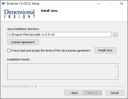 The Install Java window.